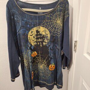 NWT Halloween Themed Plus Size 2X Mid-Sleeve Shirt With Spooky Graphics Pumpkins